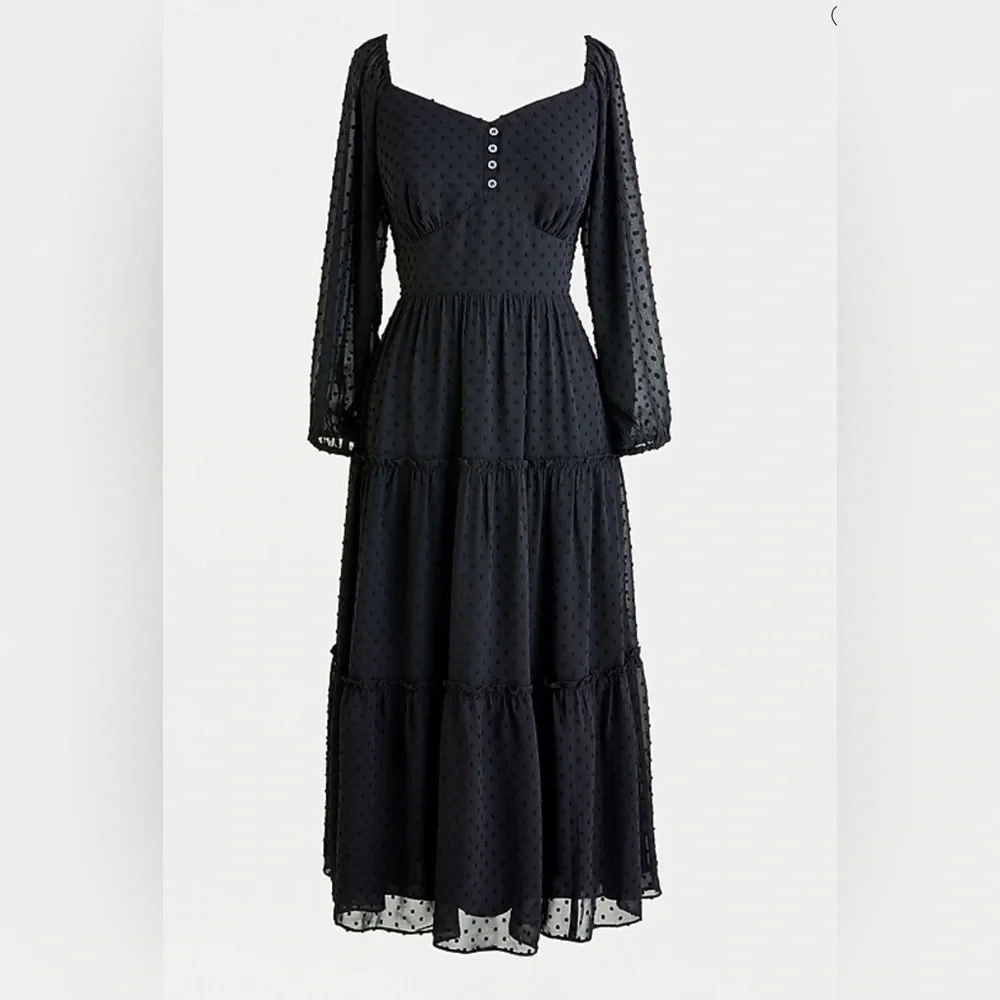 J. Crew Black Tiered Midi Dress in Swiss Black Dot Size 00